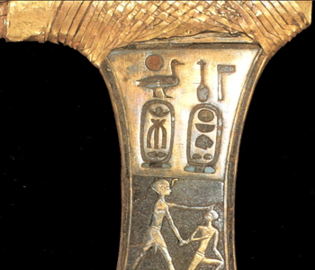 Cartouche (read top-down, left to right): Yah-Mos (pop. \'\'Ahmoses 1\'\')— Yah (moon[god]); <I>Mosuu</i> stone drill 90° CCW U25 𓍎 𓍊 U22 chisel 90° CW; <I>Mënᵊᵏh</i> (U25 90° CCW, stone drill; establish, endure, stabilize) <I>hëmët</i> (U22 90° CW, stone chisel; unify, join)